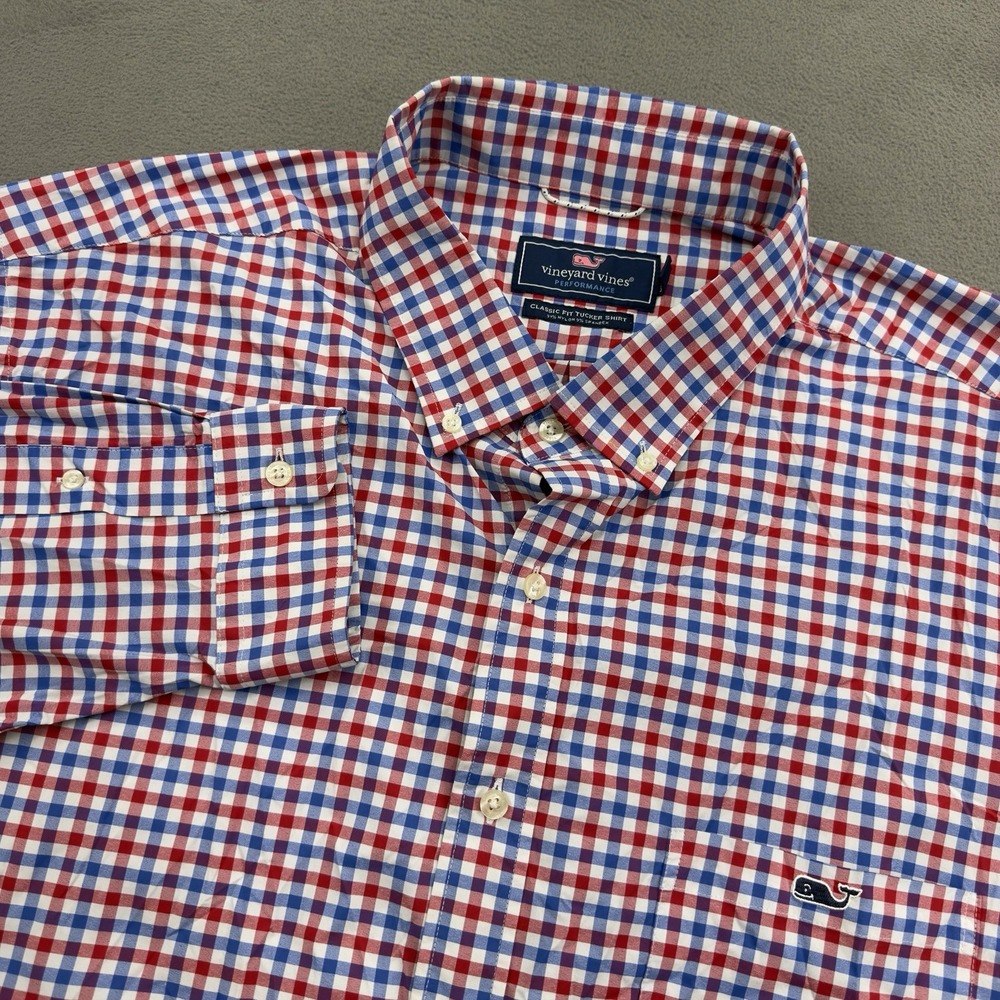 Vineyard Vines Performance Button Down Shirt Mens 2XLT Tucker Red Blue Gingham